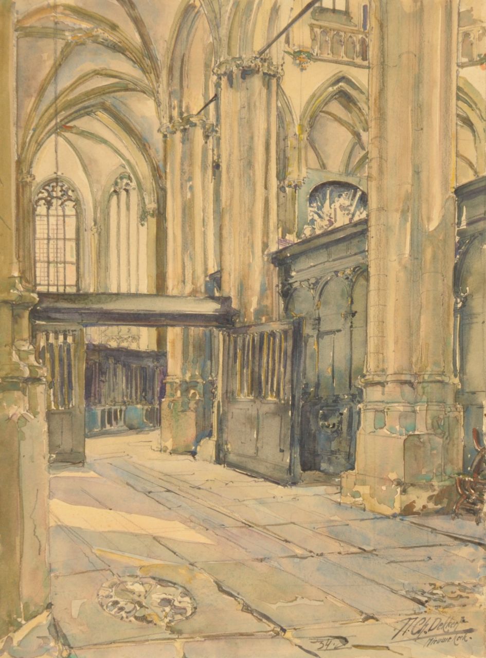 Dekker N.C.  | Nicolas Charles Dekker, The Nieuwe Kerk, Amsterdam, watercolour on paper 44.0 x 32.7 cm, signed l.r. and dated '34