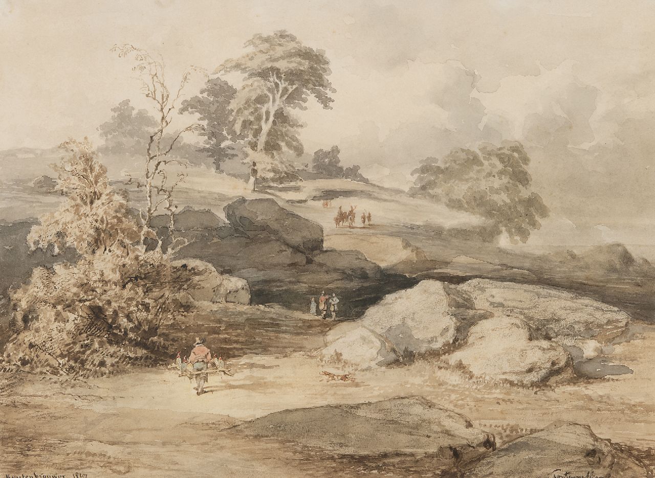 Kuytenbrouwer II M.A.  | Martinus Antonius Kuytenbrouwer II | Watercolours and drawings offered for sale | Falconry near Cuvier Chantillon in the forest of Fontainebleau, brown ink, black chalk and watercolour on paper 24.6 x 34.0 cm, signed l.l. and dated 1847