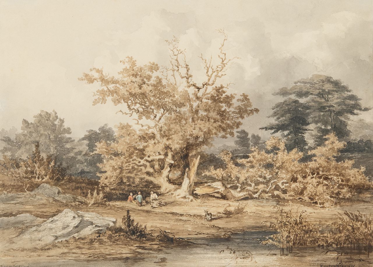 Kuytenbrouwer II M.A.  | Martinus Antonius Kuytenbrouwer II | Watercolours and drawings offered for sale | View of a pond in Fontainebleau forest, brown ink, black chalk and watercolour on paper 24.6 x 34.0 cm, signed l.r.