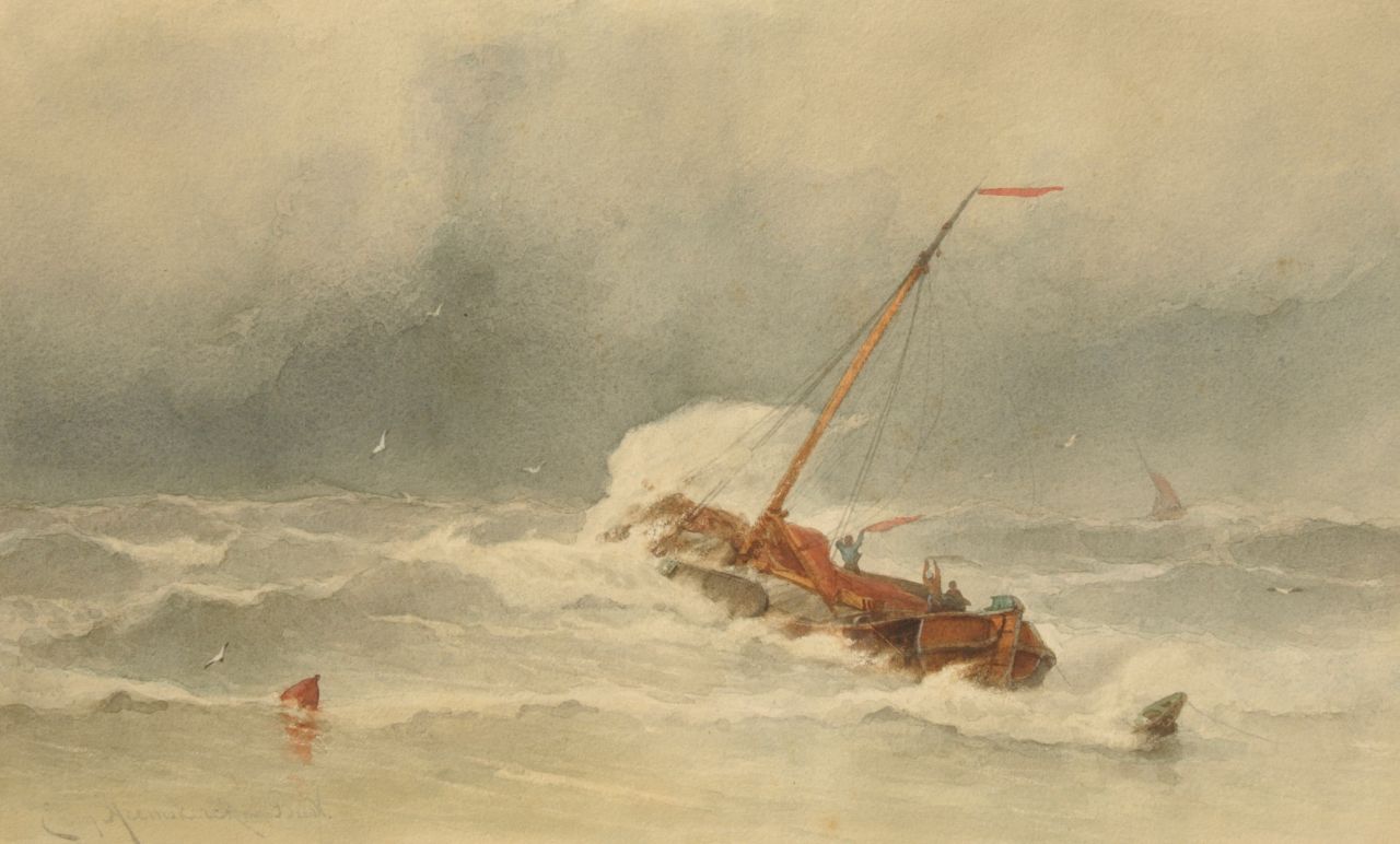 Heemskerck van Beest J.E. van | Jacob Eduard van Heemskerck van Beest, Barge in stormy weather, watercolour on paper 35.9 x 59.6 cm, signed l.l.