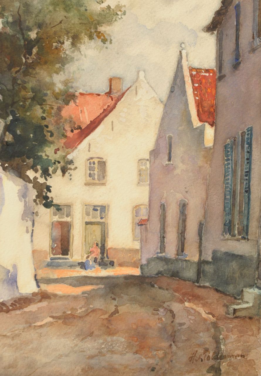 Polderman H.N.  | 'Hugo' Nicolaas Polderman, A sunlit street in a Dutch town, watercolour on paper 26.5 x 19.4 cm, signed l.r.