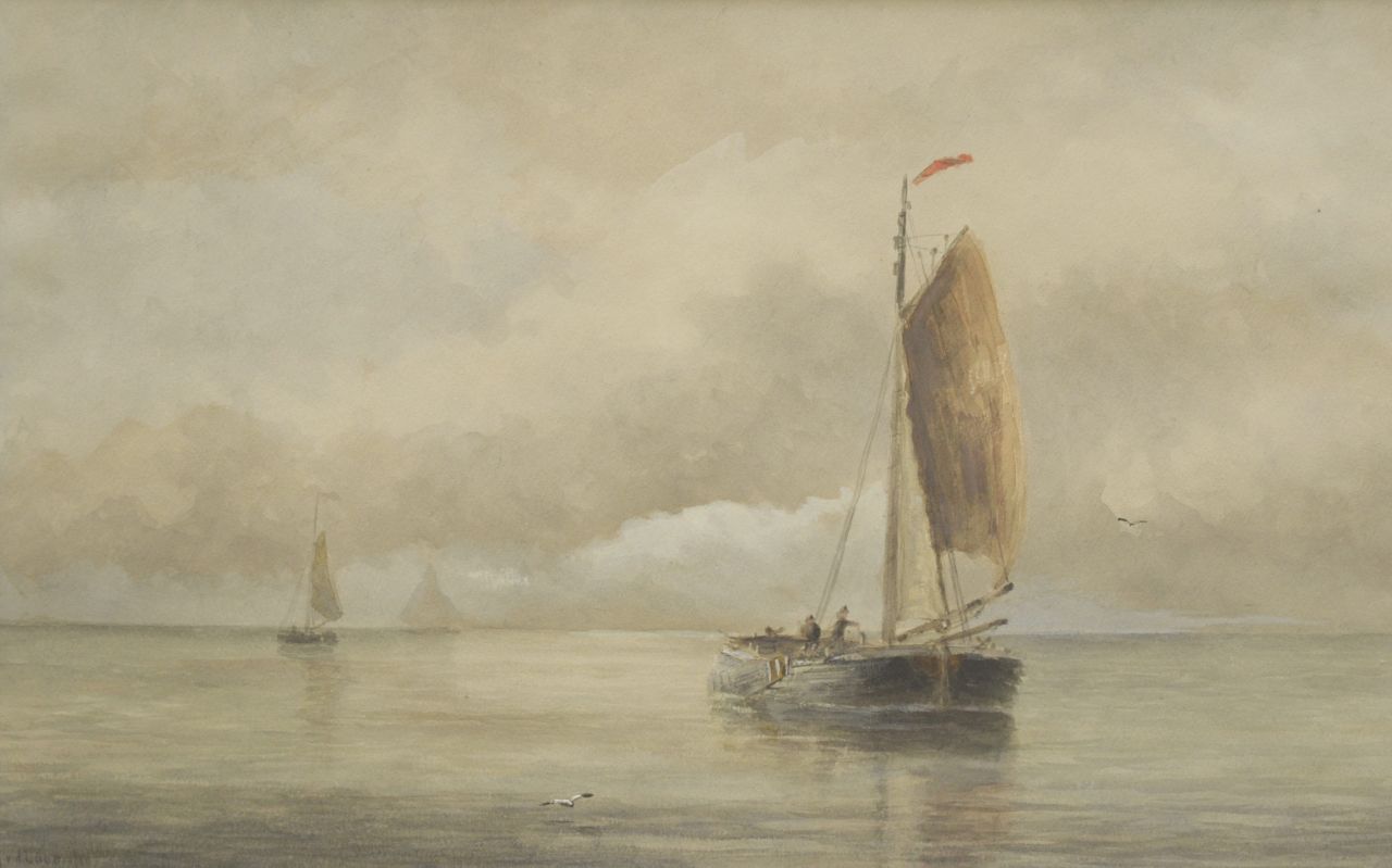 Laan G. van der | Gerard van der Laan, A 'bomschuit' in a calm, watercolour on paper 31.2 x 49.6 cm, signed l.l.