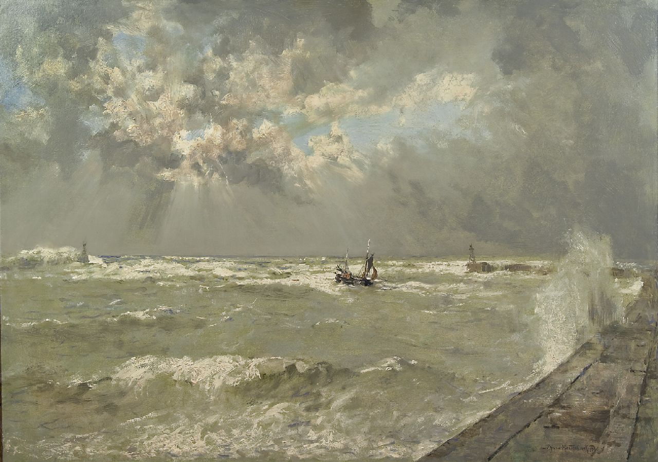 Mastenbroek J.H. van | Johan Hendrik van Mastenbroek, A lugger in choppy waters, Scheveningen harbour, oil on canvas 70.3 x 100.1 cm, signed l.r. and dated 1936