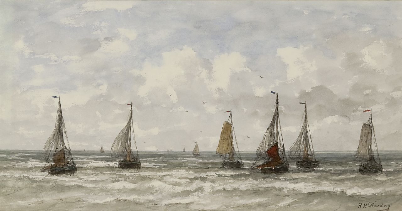 Mesdag H.W.  | Hendrik Willem Mesdag, Sailing vessels in the breakers, watercolour and gouache on paper 34.7 x 65.7 cm, signed l.r.