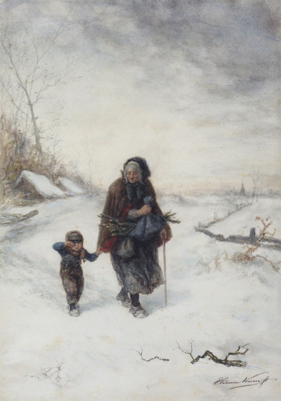 Verveer E.L.  | 'Elchanon' Leonardus Verveer, Gathering wood in the snow, pen and ink and watercolour on paper 52.9 x 37.5 cm, signed l.r.