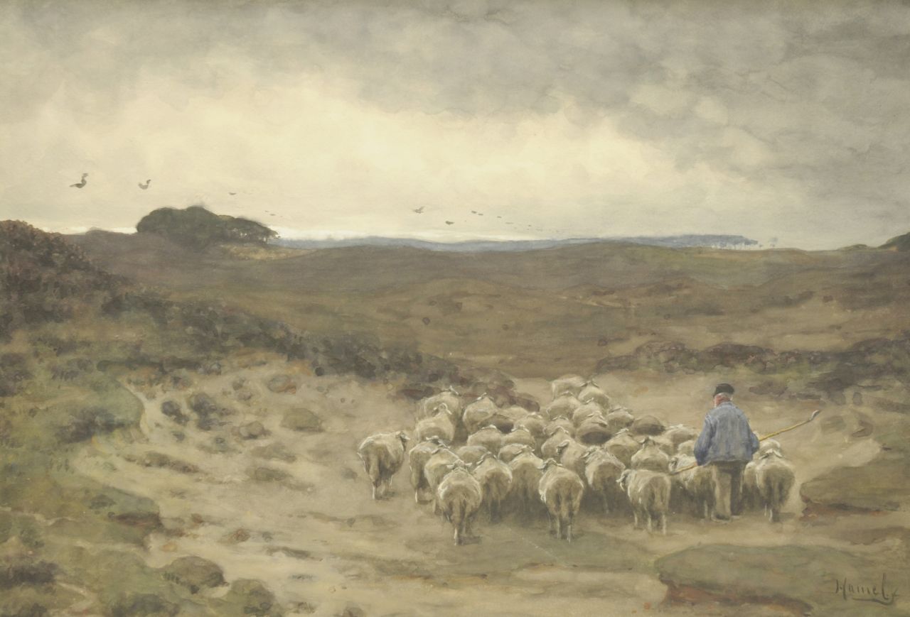 Hamel W.  | Willem Hamel, Shepherd and his flock, watercolour on paper 54.1 x 76.5 cm, signed l.r.