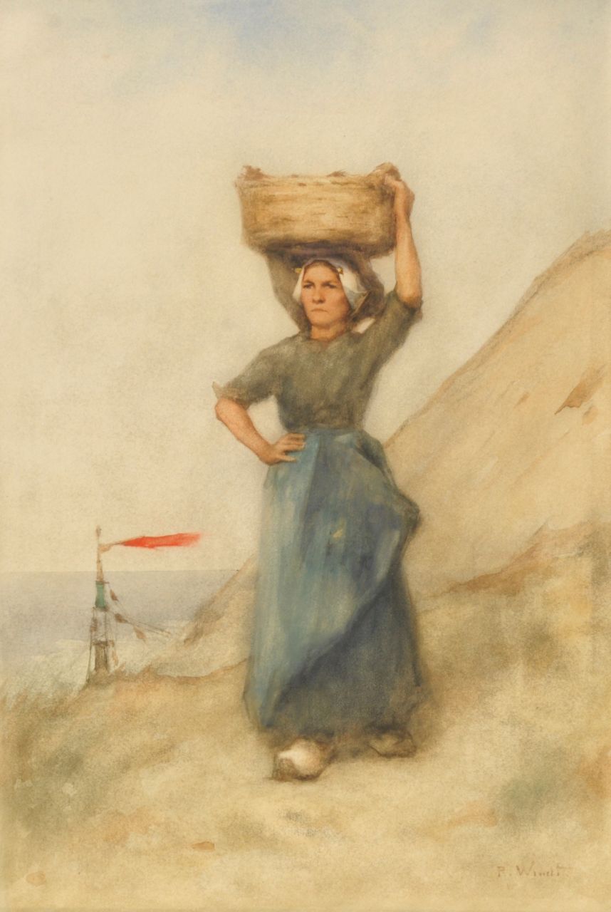 Windt P.P.  | Philip Pieter Windt, A fisherswoman from Scheveningen in the dunes, watercolour on paper 56.0 x 38.8 cm, signed l.r.