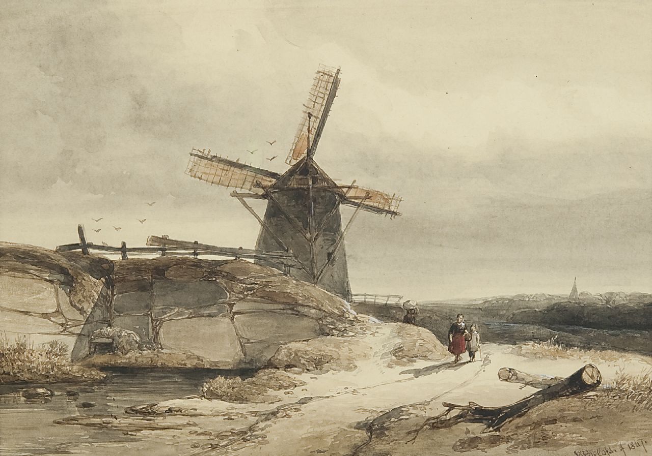 Roelofs W.  | Willem Roelofs, A windmill in a hilly landscape, ink and watercolour on paper 19.9 x 28.0 cm, signed l.r. and dated 1847