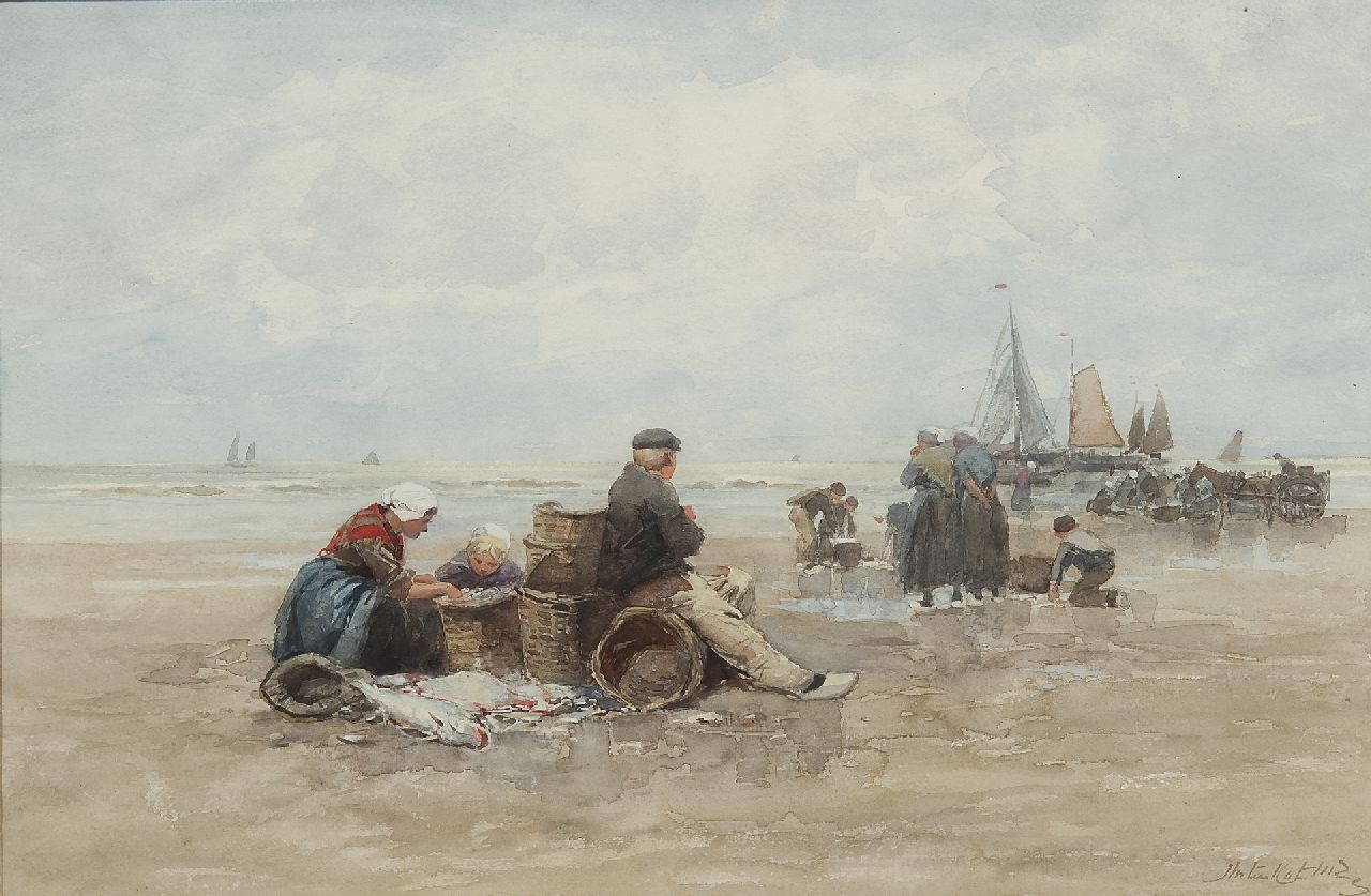 Kate J.M. ten | Johannes Marius ten Kate, Fishermen on the beach of Scheveningen, watercolour and oil on paper 29.8 x 45.2 cm, signed l.r.