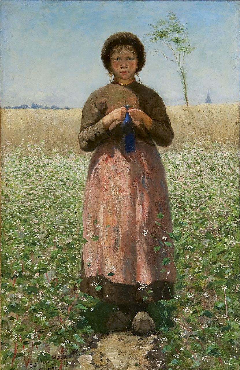 Mar D. de la | David de la Mar, A knitting peasant girl in a flowering buckwheat field, oil on canvas 54.2 x 35.0 cm, signed l.l. and dated 1886