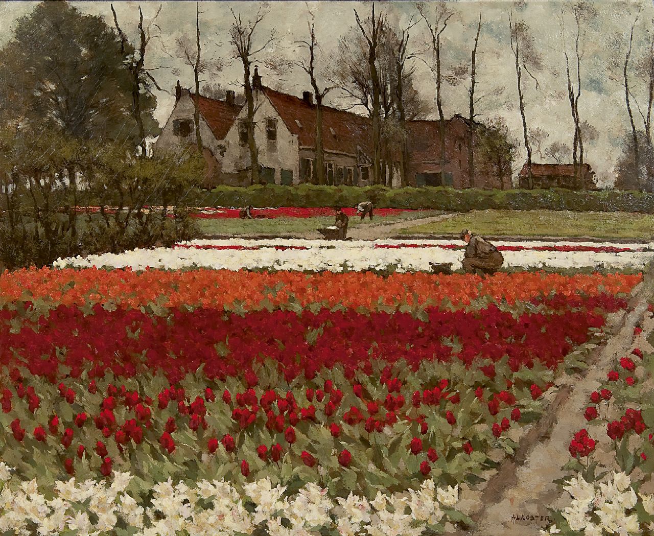 Koster A.L.  | Anton Louis 'Anton L.' Koster, Hyacinths and tulipfields, Overveen, oil on canvas 60.0 x 73.2 cm, signed l.r.