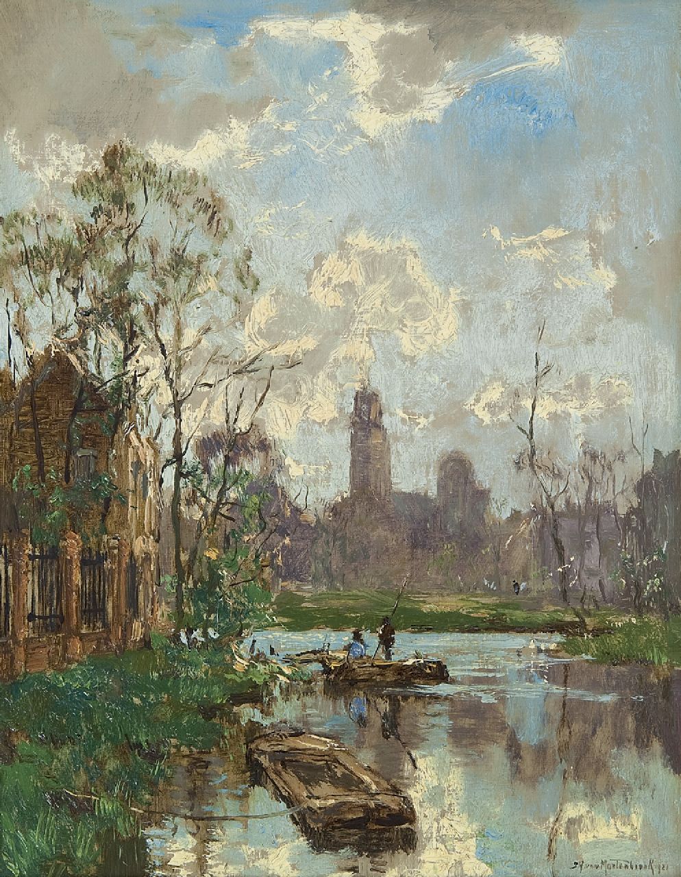 Mastenbroek J.H. van | Johan Hendrik van Mastenbroek, View of a canal, oil on canvas 34.9 x 27.4 cm, signed l.r. and dated 1921