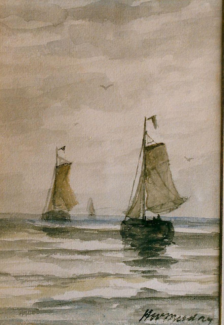 Mesdag H.W.  | Hendrik Willem Mesdag, 'Bomschuiten' in calm, watercolour on paper 20.5 x 15.0 cm, signed l.r.