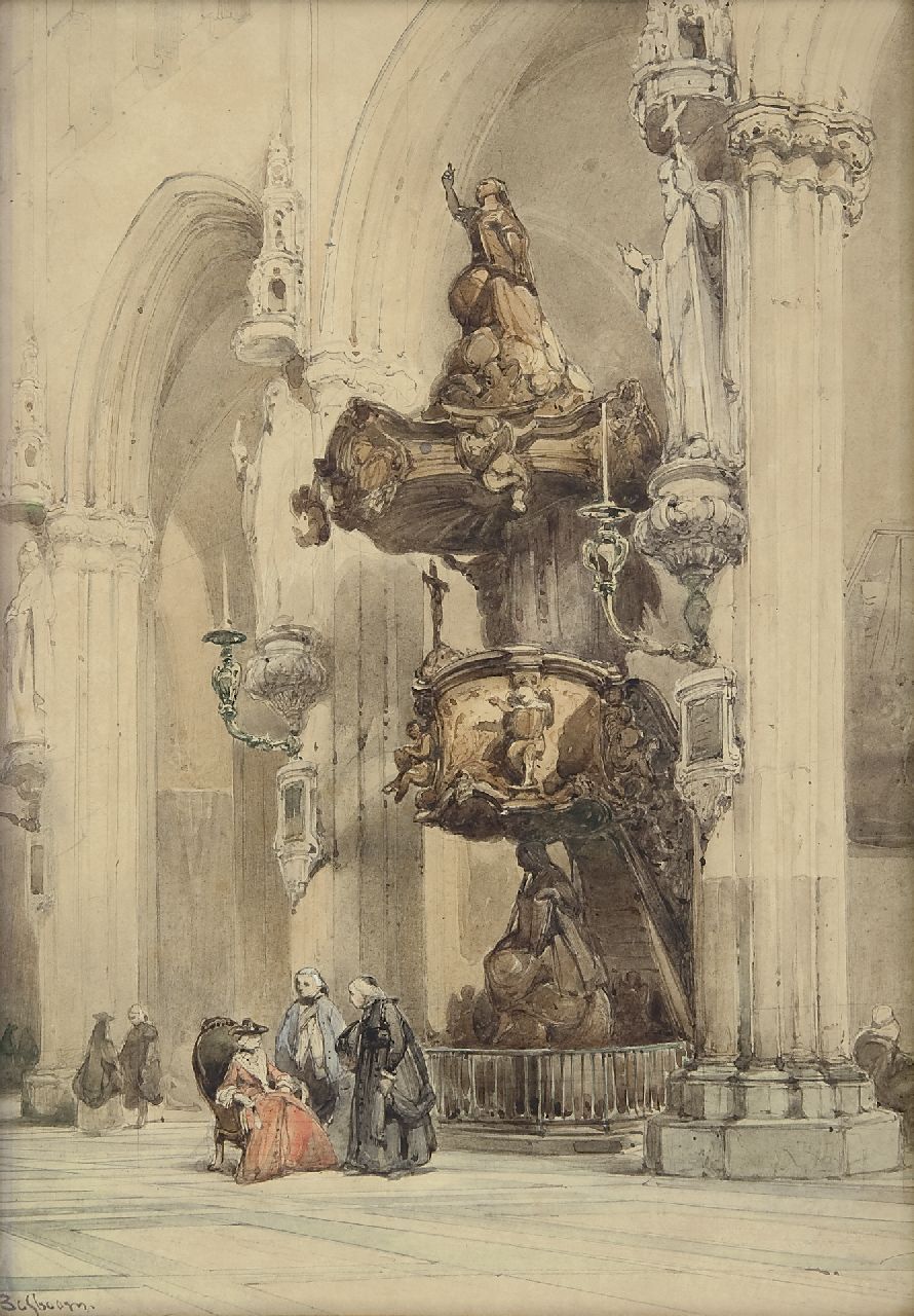 Bosboom J.  | Johannes Bosboom, In the Onze Lieve Vrouwekerk, Bruges, watercolour on paper 38.1 x 27.4 cm, signed l.l.