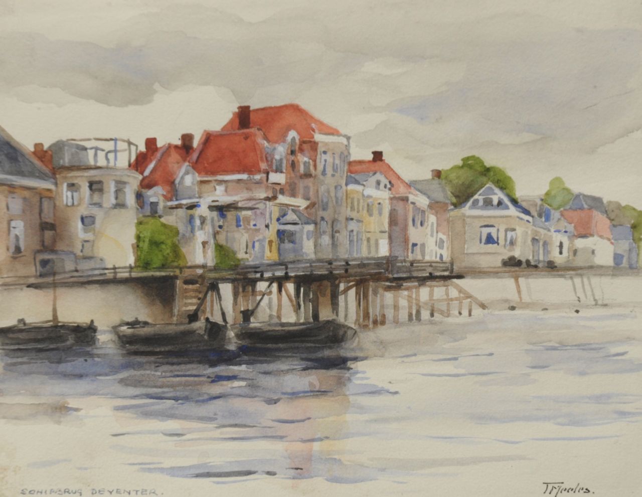 T.F.C. Meeles | A view at a floating bridge, Deventer, ink and watercolour on paper, 17.6 x 22.7 cm, signed l.r.