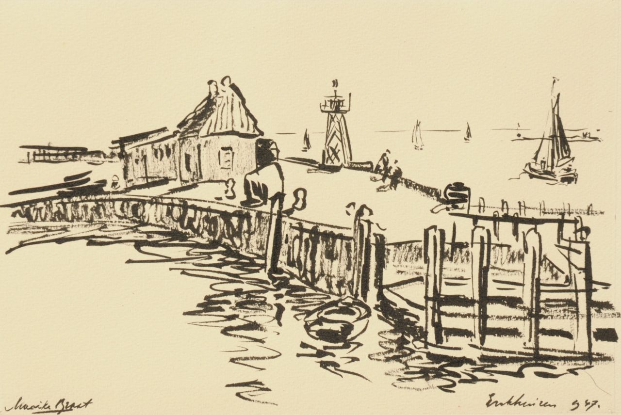 Braat-Rolvink M.  | Maaike Braat-Rolvink, The harbour of Enkhuizen, Indian ink on paper 23.0 x 32.5 cm, signed l.l. and dated 1947