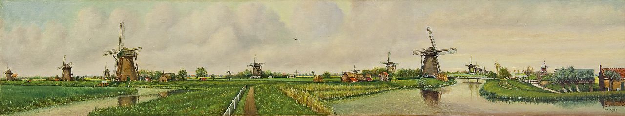 Rosse A.H. van | van Rosse, A panoramic view of the windmills at Kinderdijk, oil on canvas 28.5 x 150.0 cm, signed l.r.