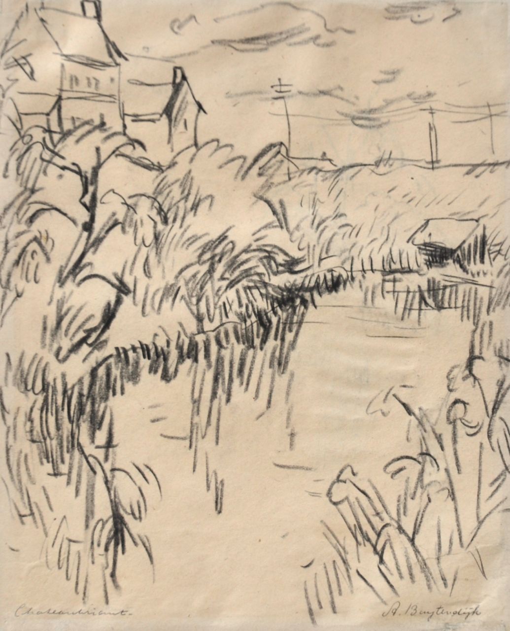 Buytendijk A.F.J.  | Antonie Frederik Jacobus 'Anton' Buytendijk, A landscape near Chateaubriant, France, black chalk on paper 28.1 x 22.7 cm, signed l.r.