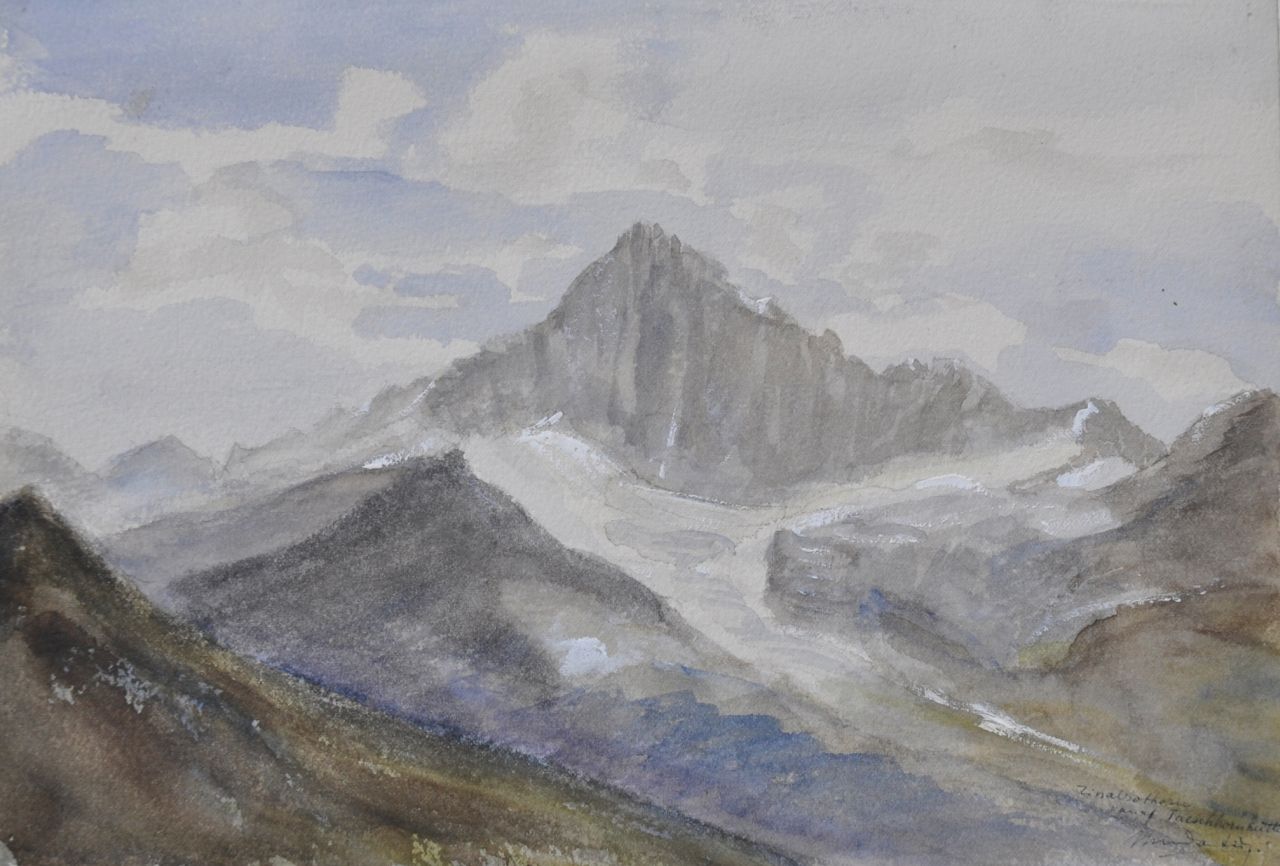 Hollandse School, 20e eeuw   | Hollandse School, 20e eeuw, The Zinalrothorn, Zwitserland, from the Täschhornhütte, watercolour on paper 25.8 x 17.7 cm, signed l.r. 'M.M. Van Dantzig'