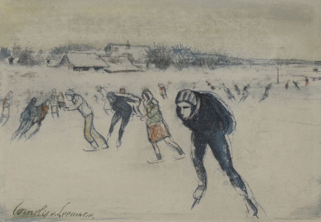 Cornelis van Leeuwen | Skaters on the ice, chalk, ink and gouache on paper, 14.3 x 20.1 cm, signed l.l.