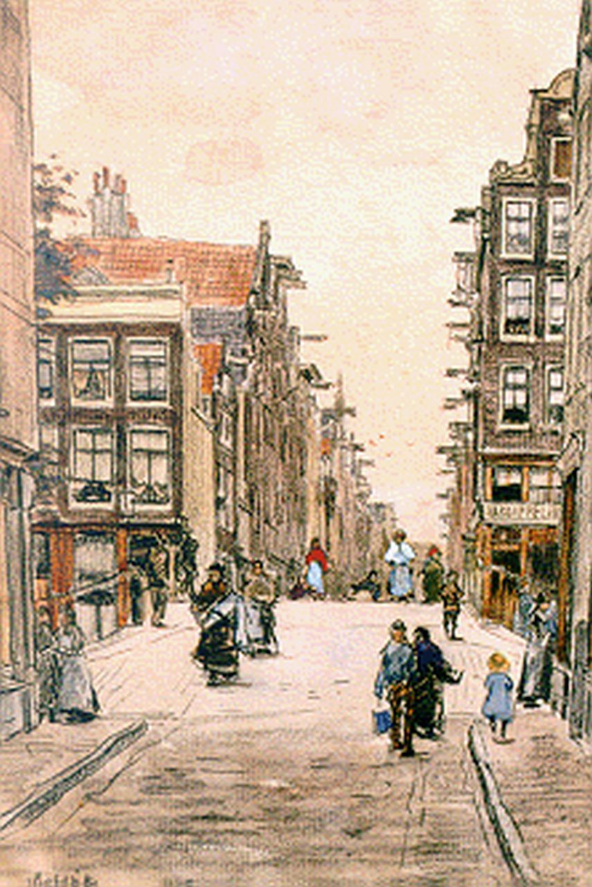 Bobeldijk F.  | Felicien Bobeldijk, Figures on a street, Amsterdam, mixed media on paper 33.5 x 23.5 cm, signed l.l.