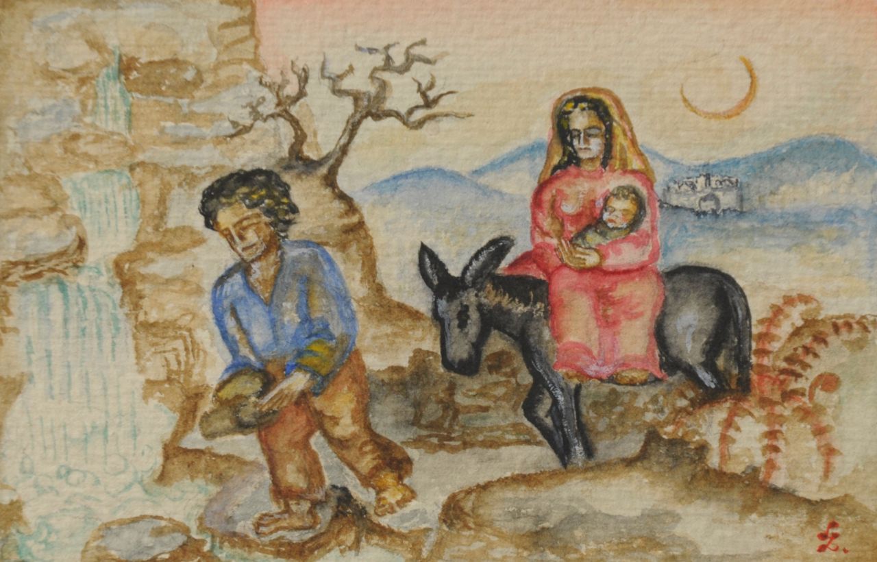 Zondag N.G.  | Nelly Geesje ‘Loekie’ Zondag, The flight to Egypt, watercolour on paper 9.2 x 14.1 cm, signed l.r. with monogram