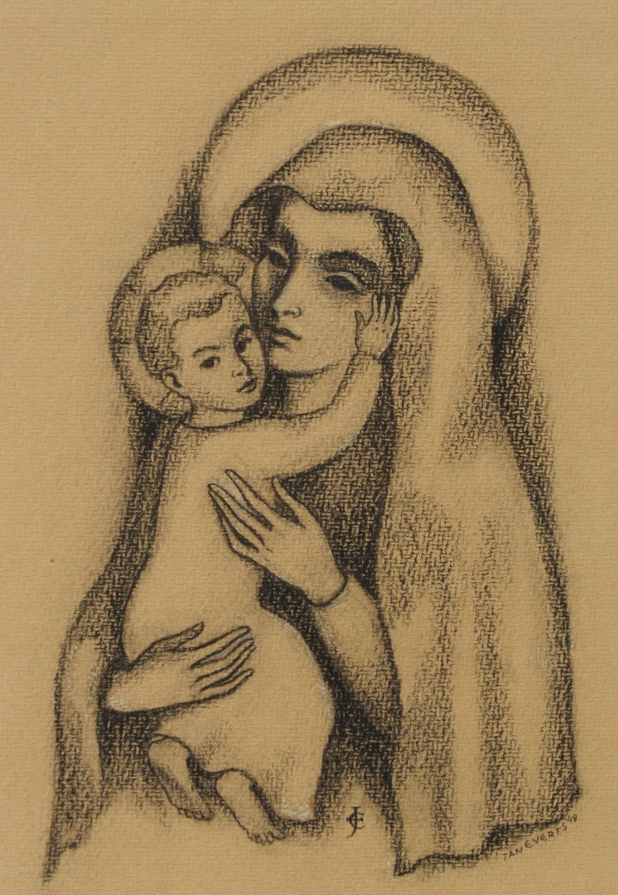 Everts J.H.A.  | Johannes Hendricus Antonius ‘Jan’ Everts, Madonna and child, black chalk on paper 28.2 x 20.7 cm, signed l.m. with monogram and l.r. in full and dated '48