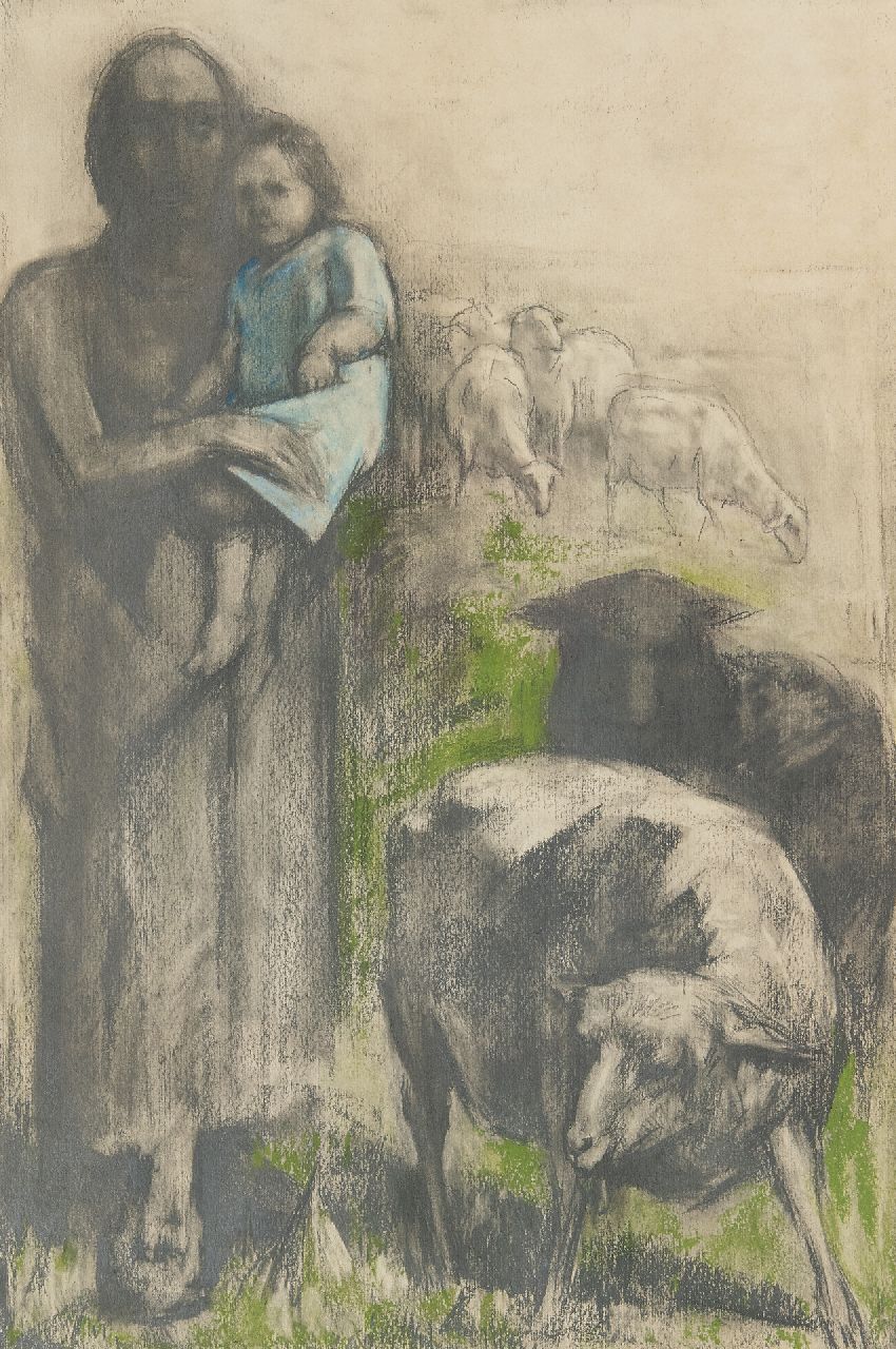 David Bautz | A shepherd with a child, pastel on paper, 47.6 x 32.2 cm, signed l.r.