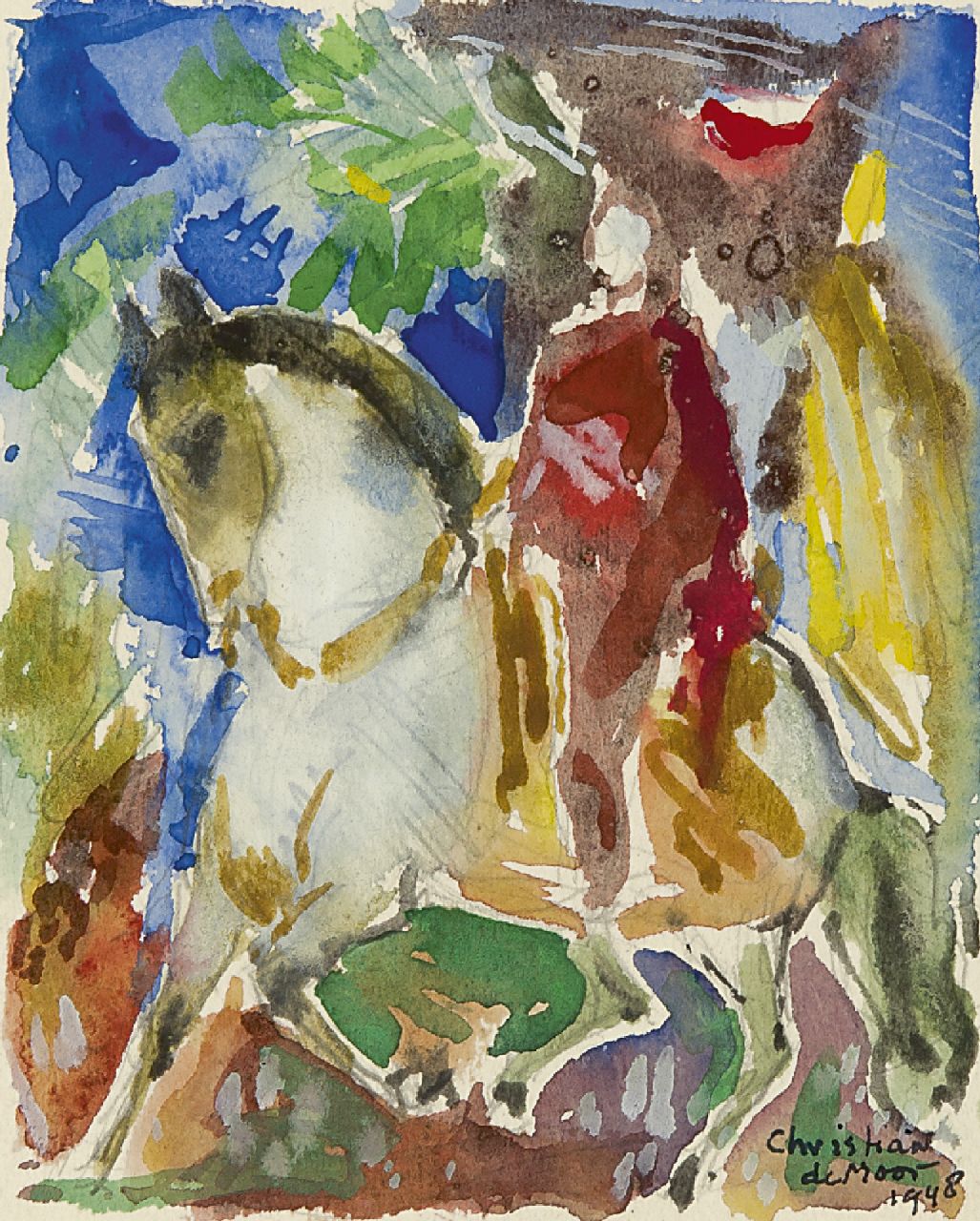 Moor C.N.E. de | Christiaan Nicolaas Everard 'Chris' de Moor, A figure on horseback, watercolour on paper 14.0 x 11.3 cm, signed l.r. and dated 1948