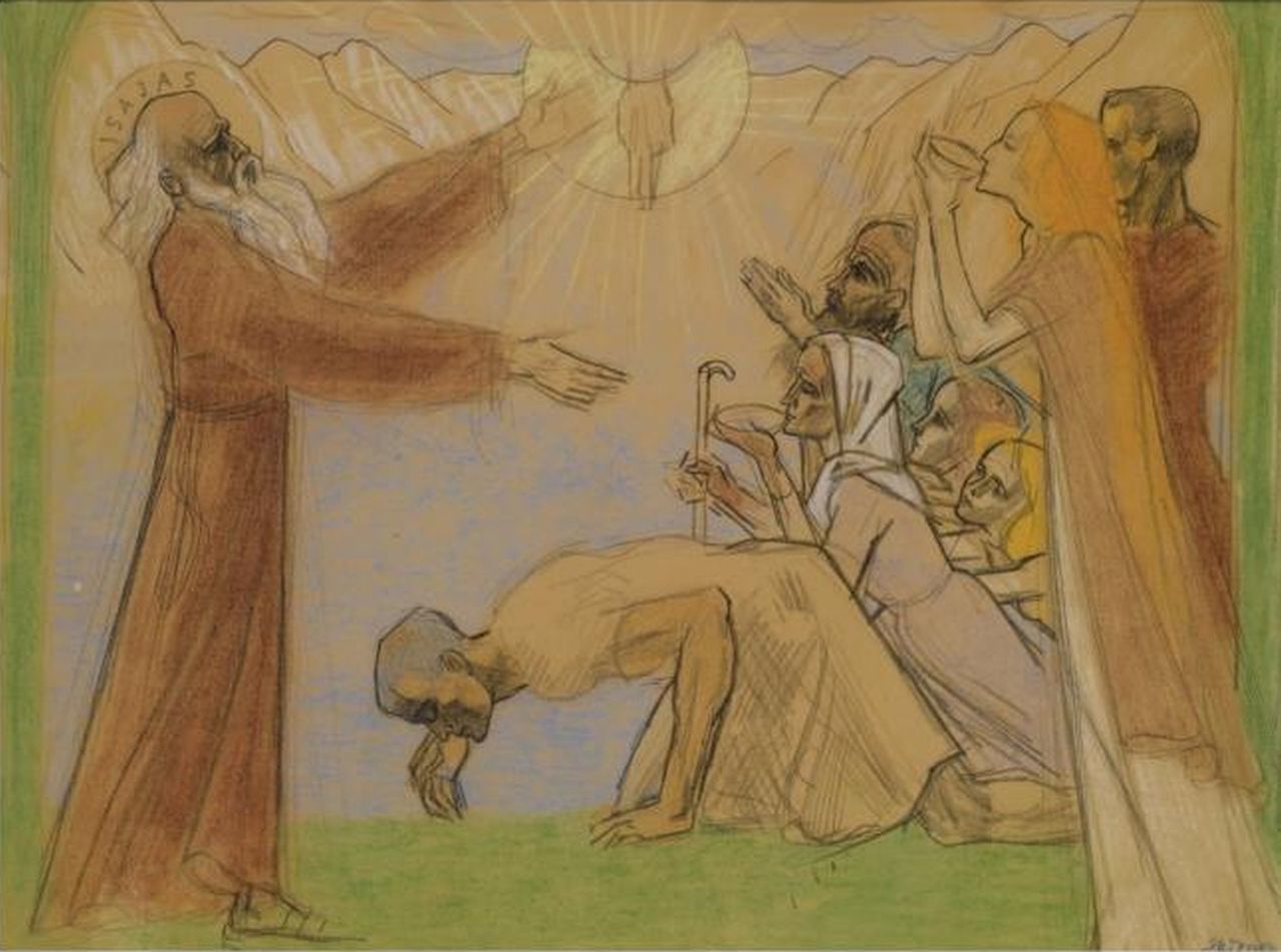 Toorop J.Th.  | Johannes Theodorus 'Jan' Toorop, The calling of Isaiah, coloured chalk on paper 43.5 x 58.0 cm, signed l.r. and dated 1914