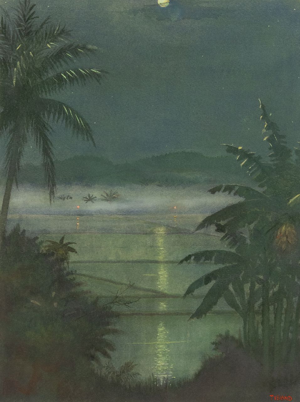 Tieland H.H.L.  | Henri Herman Leonardus Tieland | Watercolours and drawings offered for sale | Moon evening in the Preanger, Java, watercolour on paper 48.0 x 36.4 cm, signed l.r.