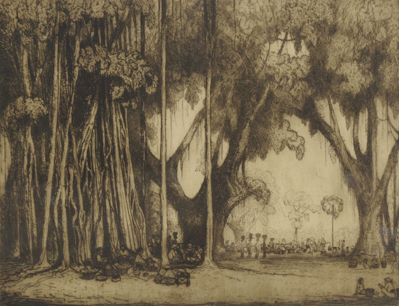 Poortenaar J.C.  | 'Jan' Christiaan Poortenaar, Indonesian landscape with a market, etching on paper 53.1 x 66.1 cm, signed l.r. (in pencil)