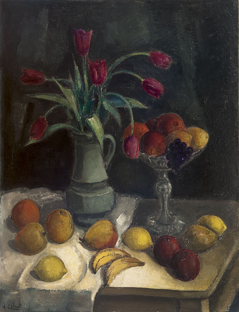 Colnot A.J.G.  | 'Arnout' Jacobus Gustaaf Colnot | Paintings offered for sale | A still life with fruit and tulips on a table, oil on canvas 92.2 x 70.4 cm, signed l.l.