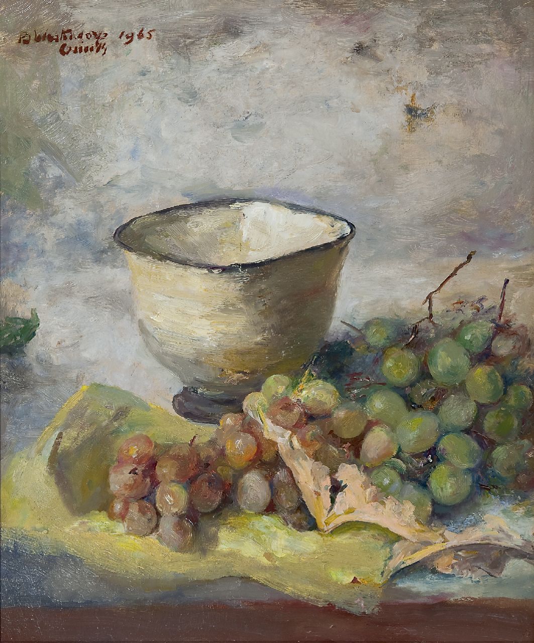 Westendorp-Osieck J.E.  | Johanna Elisabeth 'Betsy' Westendorp-Osieck, A still life with grapes and a bowl, oil on painter's board 45.9 x 37.9 cm, signed u.l. and dated 1965