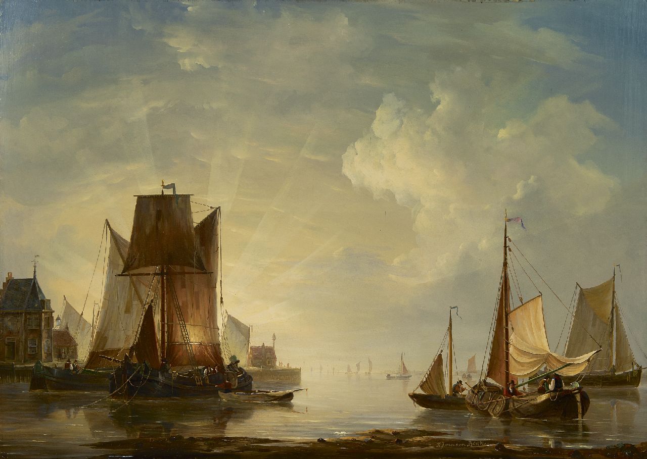 Blijk F.J. van den | Frans Jacobus van den Blijk, Sunset in the harbour, oil on panel 58.9 x 83.2 cm, signed l.c.