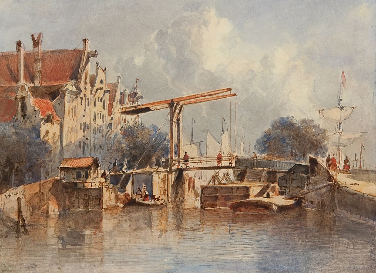 Waldorp A.  | Antonie Waldorp | Watercolours and drawings offered for sale | A view of a Dutch town with a lock, watercolour on paper 16.9 x 23.0 cm, signed c.l.
