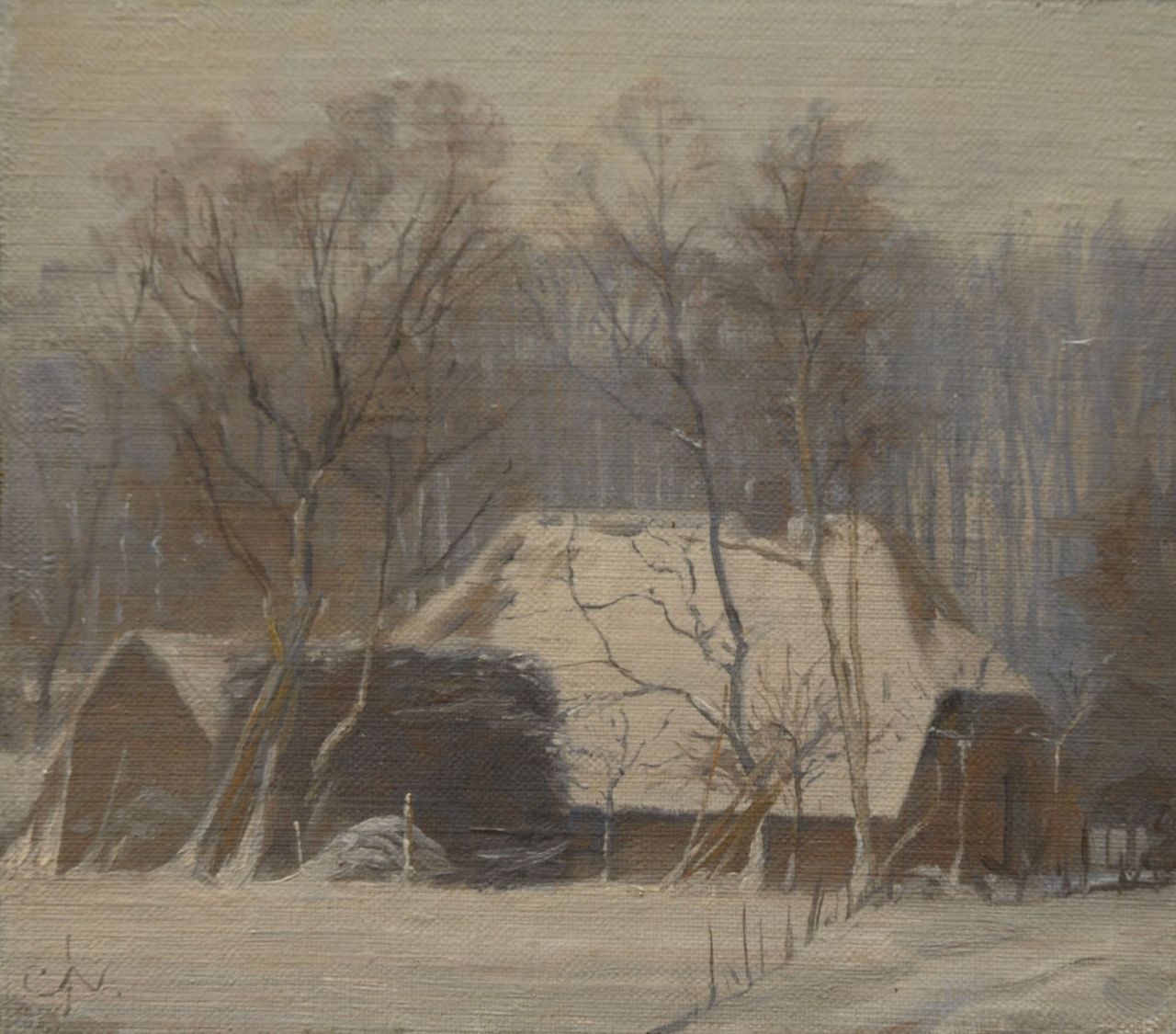 Nachenius J.C.  | Jan Coenraad Nachenius, A farm near Bennekom in the snow, oil on canvas laid down on panel 16.8 x 19.0 cm, signed l.l. with monogram