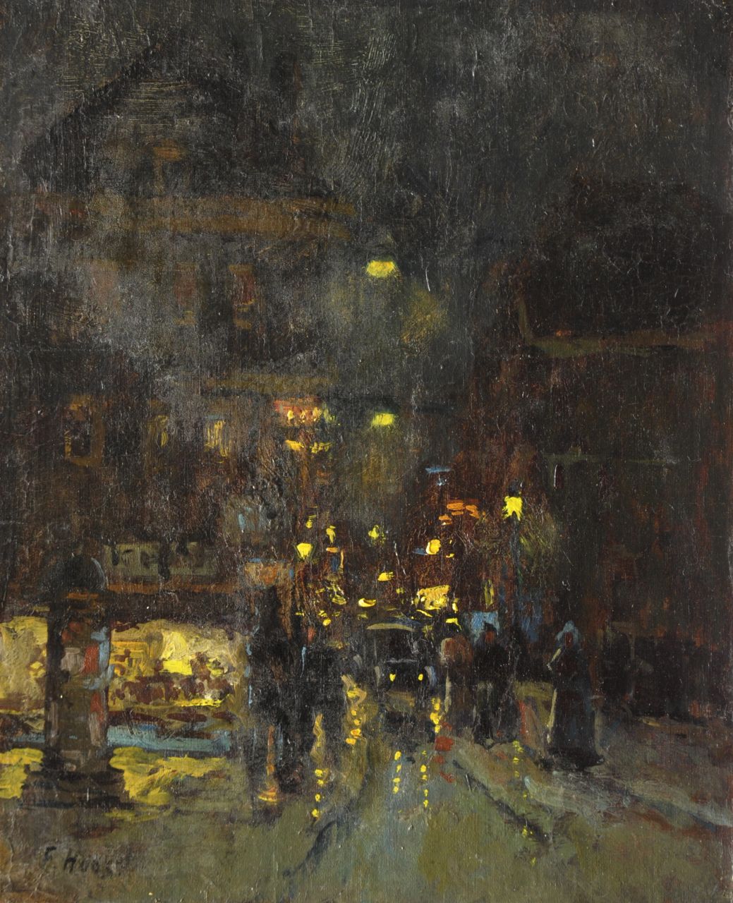 Hoos F.S.  | 'Frans' Simon Hoos, Townview by night, oil on canvas laid down on panel 30.0 x 24.4 cm, signed l.l.