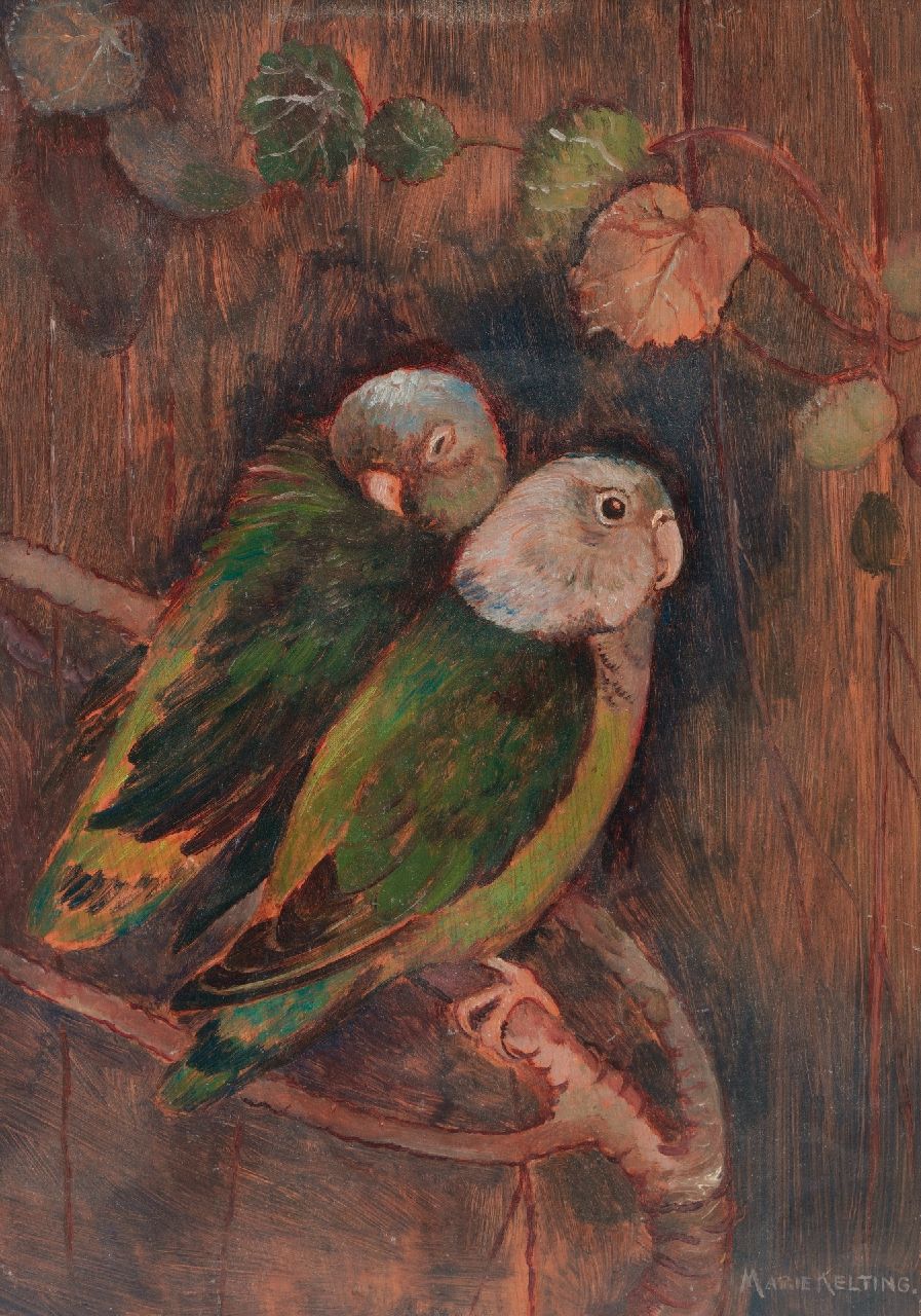 Kelting M.  | Maria 'Marie' Kelting, Two parkeets, oil on board 23.1 x 16.6 cm, signed l.r.
