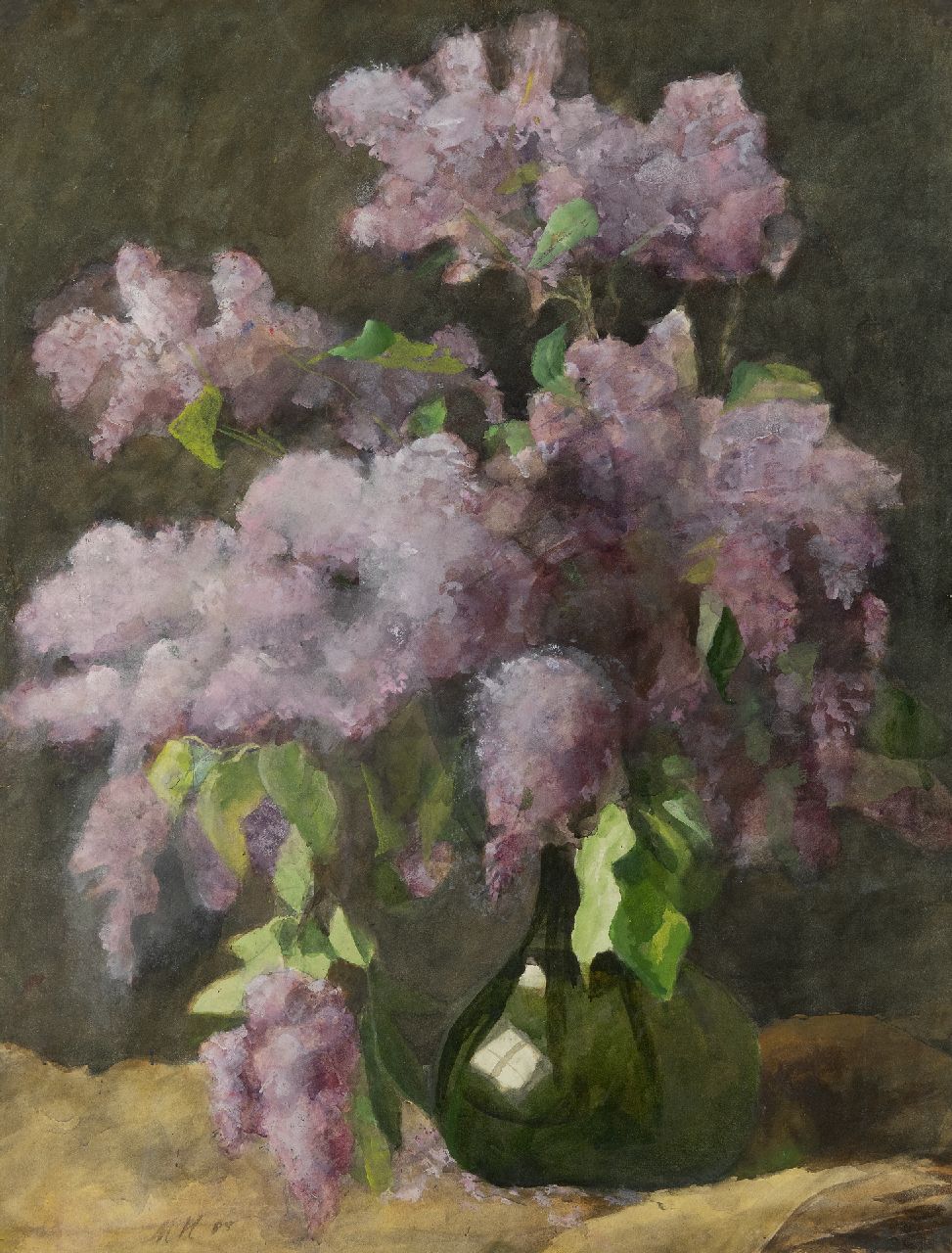 Marie Heineken | Lilacs in a green vase, watercolour on paper, 65.3 x 50.3 cm, signed l.l. with initials and dated '85