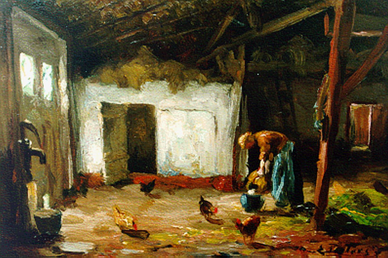 Pieters E.  | Evert Pieters, Feeding the chickens, oil on panel 14.5 x 21.5 cm, signed l.r.