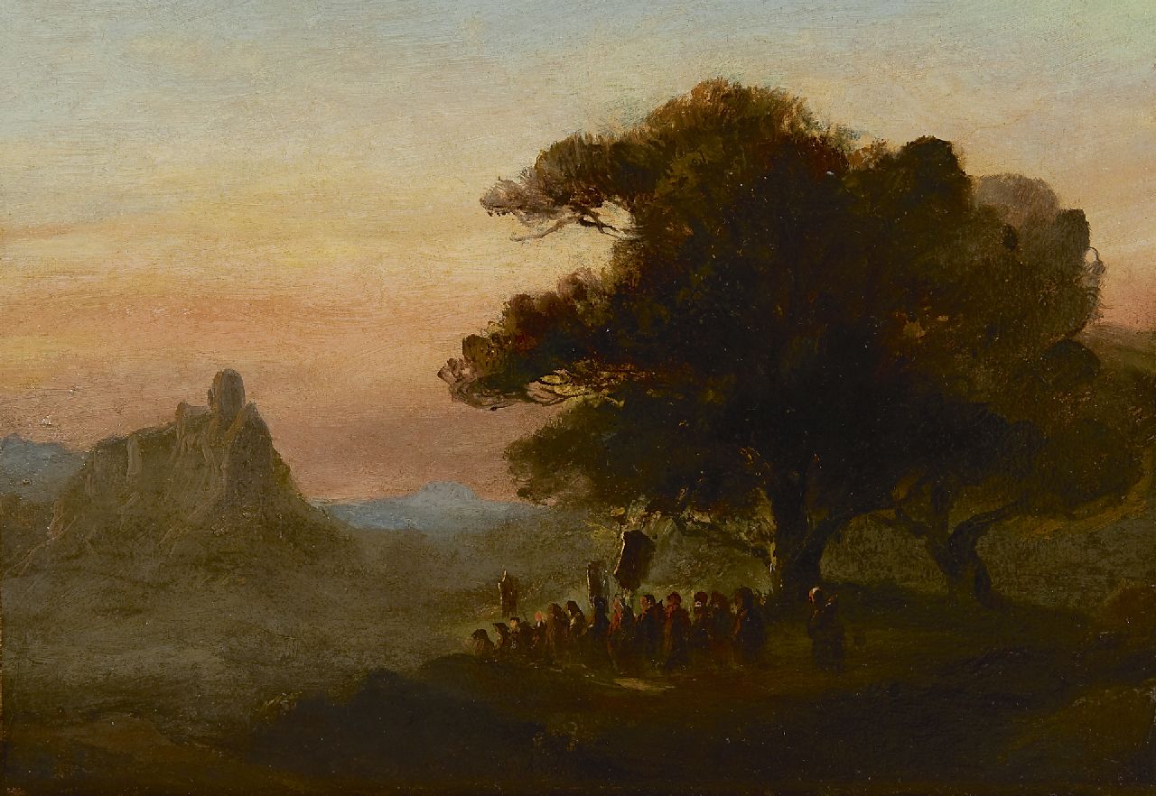 Tavenraat J.  | Johannes Tavenraat, A landscape with a procession under an oak tree, oil on paper laid down on panel 24.0 x 34.0 cm