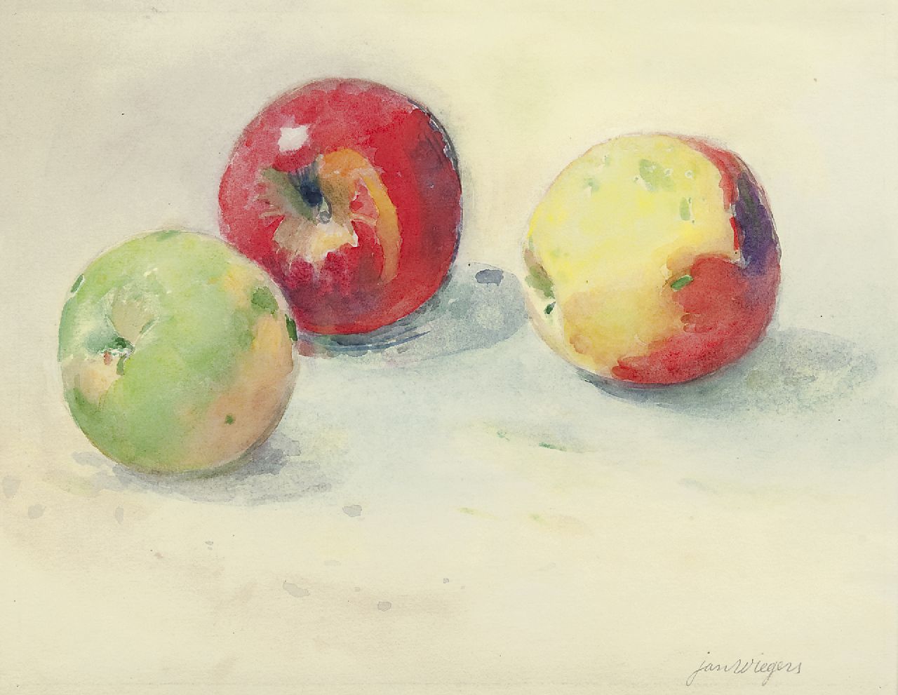 Wiegers J.  | Jan Wiegers, A still life with apples, watercolour on paper 21.8 x 27.5 cm, signed l.r.