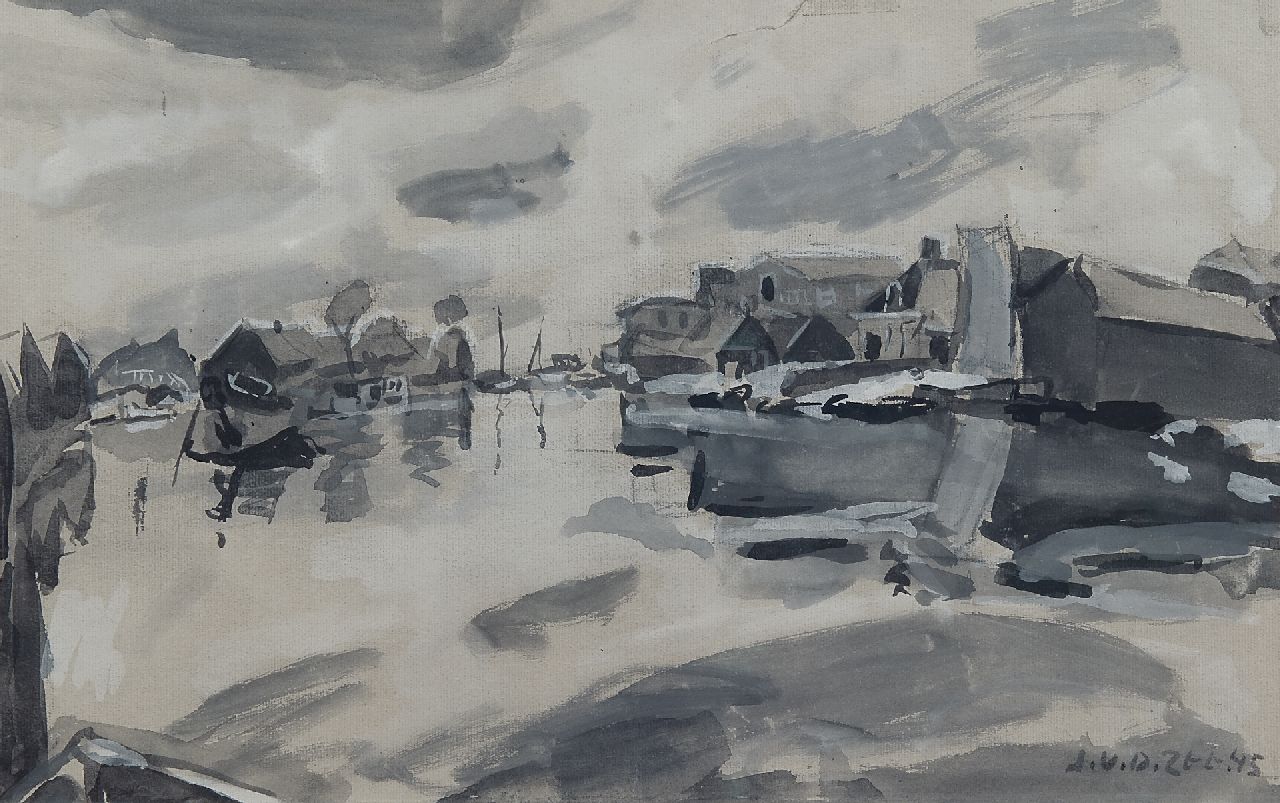 Zee J. van der | Jan van der Zee, A harbour in winter, black chalk and watercolour on paper 32.5 x 51.4 cm, signed l.r. and dated '45 Zee J. van der | Jan van der Zee, A harbour in winter, black chalk and watercolour on paper 32.5 x 51.4 cm, signed l.r. and dated '45