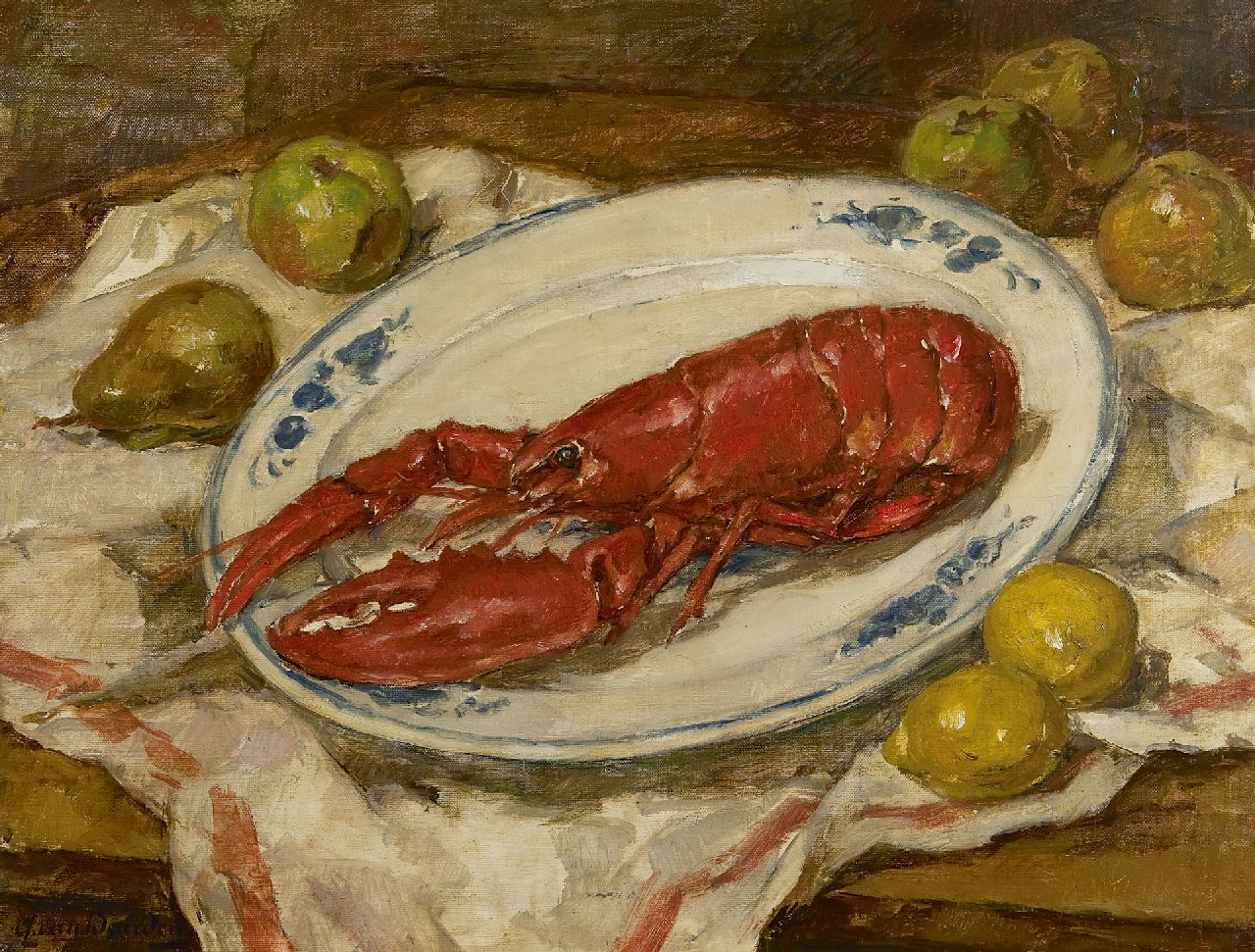 Beurden jr. A. van | Alphonse van Beurden jr., Still life with lobster, pears and lemons, oil on canvas 52.0 x 67.2 cm, signed l.l.