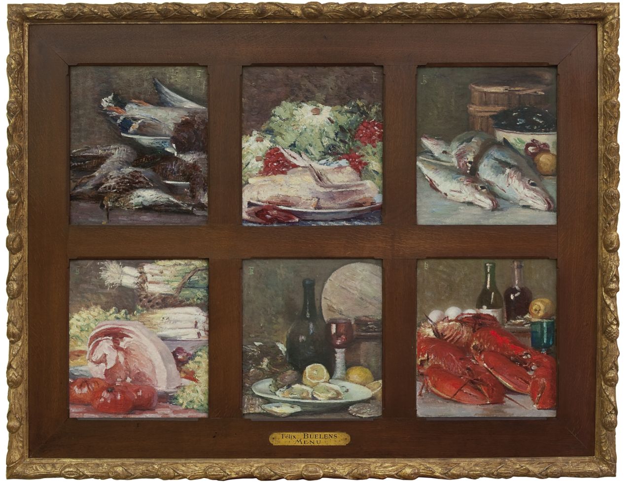 Buelens M.F.  | Michel 'Félix' Buelens, Menu - six paintings in one frame, oil on canvas 40.2 x 35.4 cm, signed u.l. or u.r. with monogram and painted ca. 1905