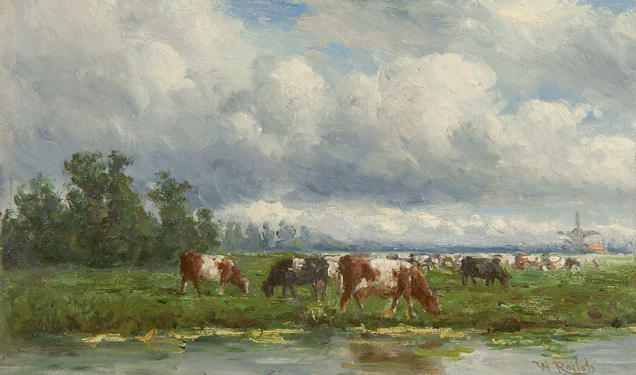 Roelofs W.  | Willem Roelofs, Cattle in a landscape, oil on panel 15.0 x 25.0 cm, signed l.r.