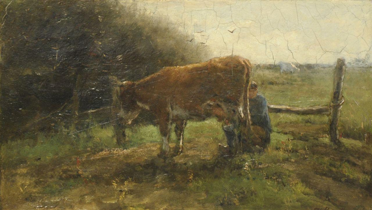 Maris W.  | Willem Maris, Milking the cow, oil on canvas 25.3 x 43.4 cm, signed l.r.