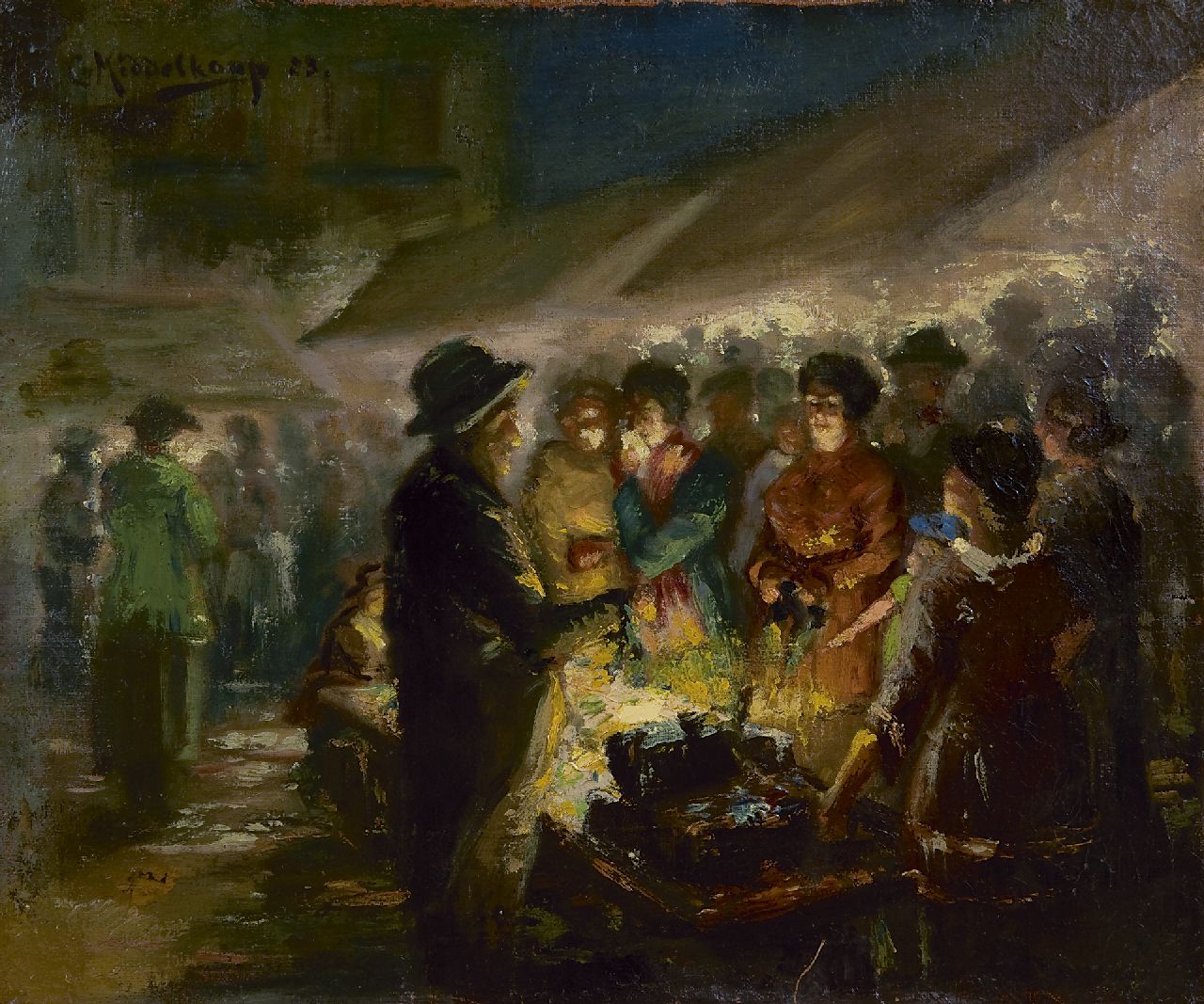 Middelkoop C.H.L.  | Cornelis Helenis Lodewijk Middelkoop | Paintings offered for sale | Marketplace at night, oil on canvas 33.0 x 39.9 cm, signed u.l. and dated '23