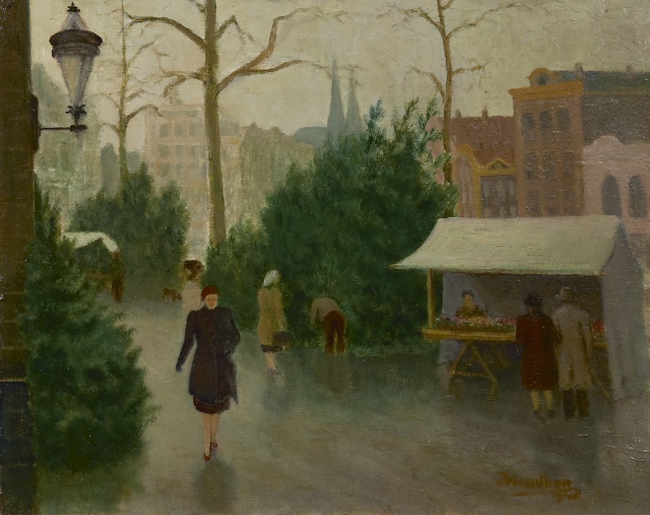 Houillier J.J.  | Jan Jacob Houillier, Street with figures, oil on board 40.3 x 50.4 cm, signed l.r. and dated 1948